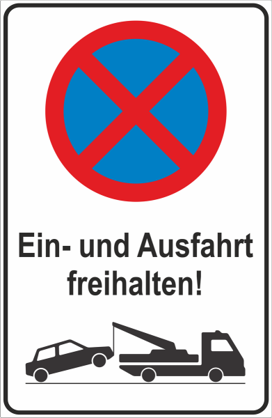 Aufkleber Parkverbot mit Symbol und schwarzer Schrift Ein- und Ausfahrt freihalten